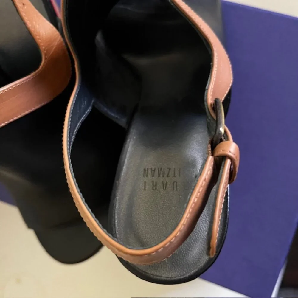 Stuart Weitzman Black and Tan Leather Wedge Sandals
